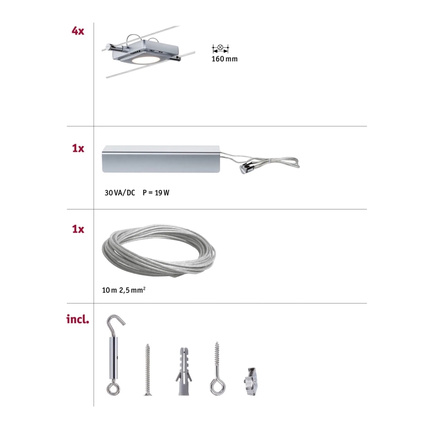 Paulmann 94107 - Sarja 4xLED/4,3W kohdevalaisimia lankajärjestelmään MAC 230V mattakromi