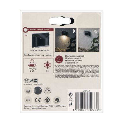 Paulmann 94233 - LED/0,05W IP44 Aurinkokenno seinävalo ELLIOT 1,2V