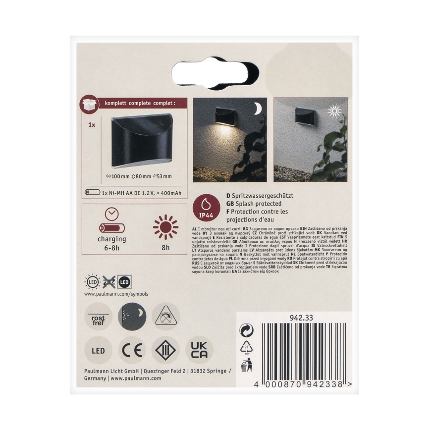 Paulmann 94233 - LED/0,05W IP44 Aurinkokenno seinävalo ELLIOT 1,2V