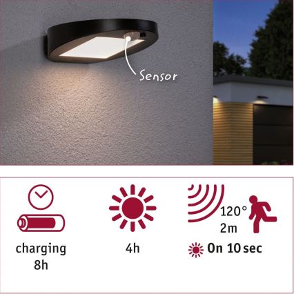 Paulmann 94246 - LED/1,2W IP44 Ulkoaurinkovalo anturilla RYSE 3,7V