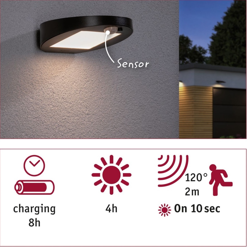 Paulmann 94246 - LED/1,2W IP44 Ulkoaurinkovalo anturilla RYSE 3,7V