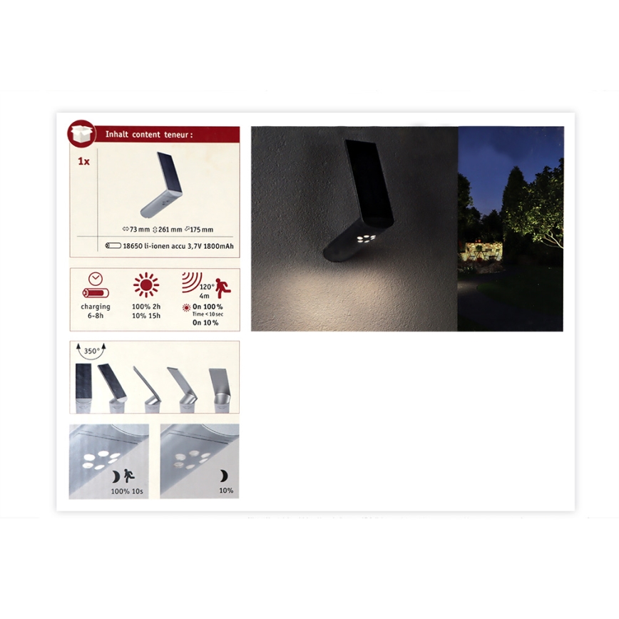 Paulmann 94261 - LED/1,2W IP44 LED-aurinkovalo liiketunnistimella ILIAS 3,7V