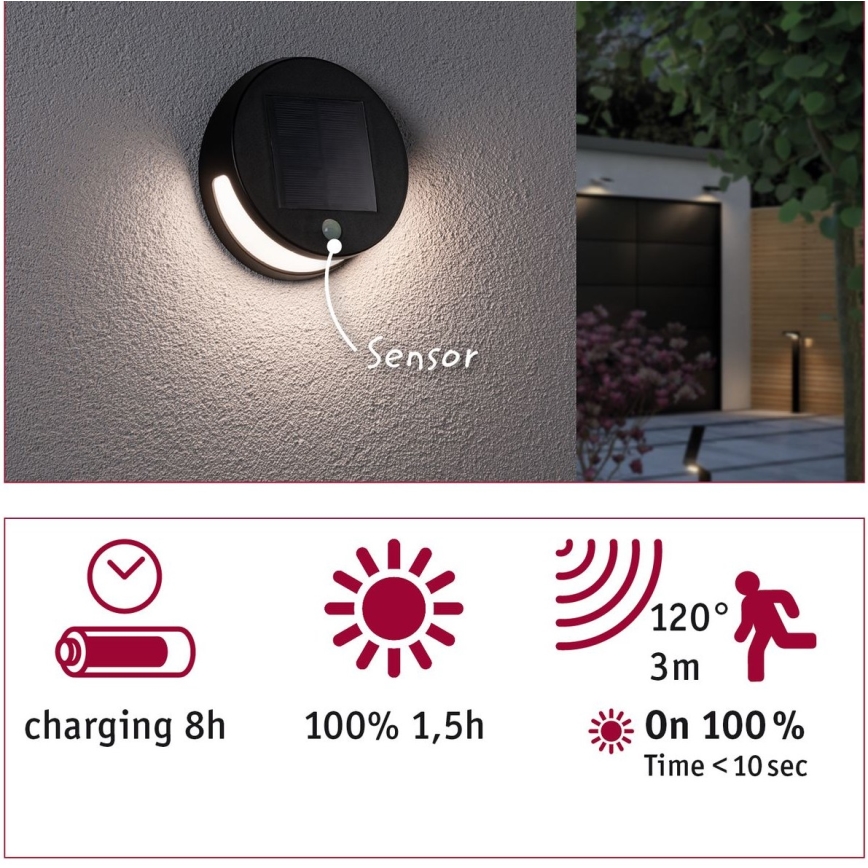 Paulmann 94265 - LED/3W IP44 Ulkoaurinkovalo anturilla HELENA 3,7V
