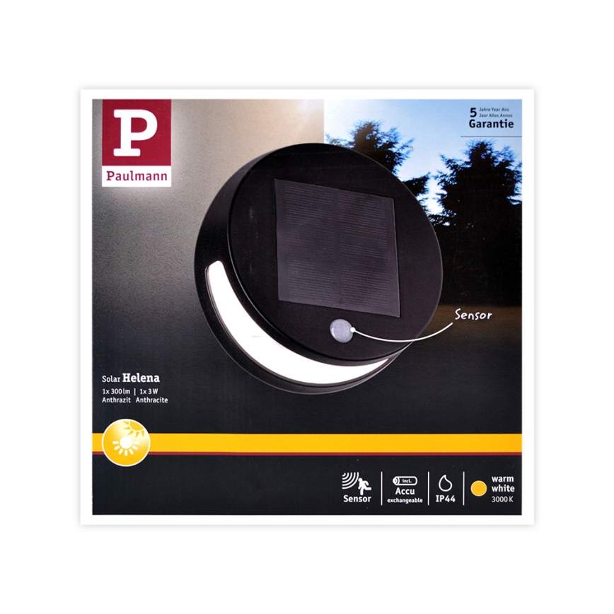 Paulmann 94265 - LED/3W IP44 Ulkoaurinkovalo anturilla HELENA 3,7V