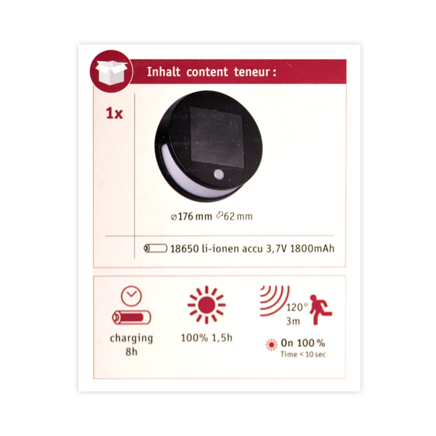 Paulmann 94265 - LED/3W IP44 Ulkoaurinkovalo anturilla HELENA 3,7V