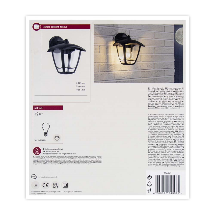 Paulmann 94392 - 1xE27/12W IP44 Ulkoseinävalaisin CLASSIC 230V