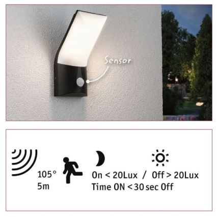 Paulmann 94402 - LED/10W IP44 Ulkovalo anturilla ADYA 230V