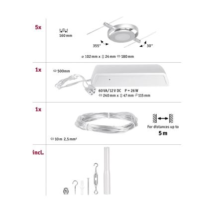 Paulmann 94414 - SETTI 5xLED/4,5W Kohdevalo johtosysteemiin ROUNDMAC 230V kiiltävä kromi