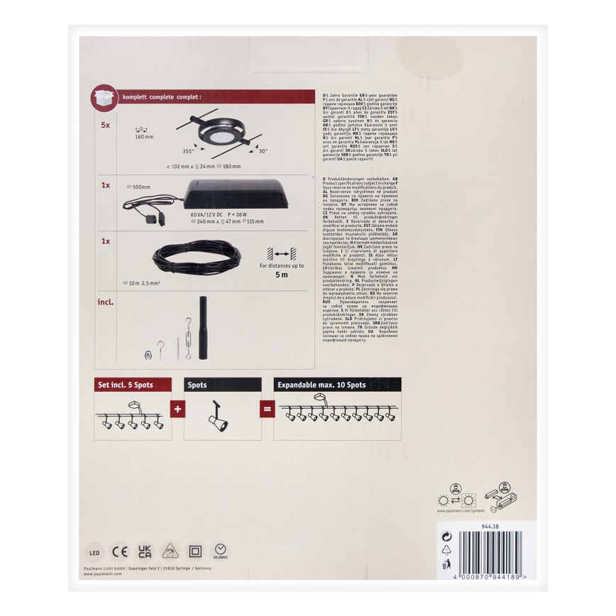 Paulmann 94418 - SETTI 5xLED/4,5W Kohdevalo johtosysteemiin ROUNDMAC 230V musta