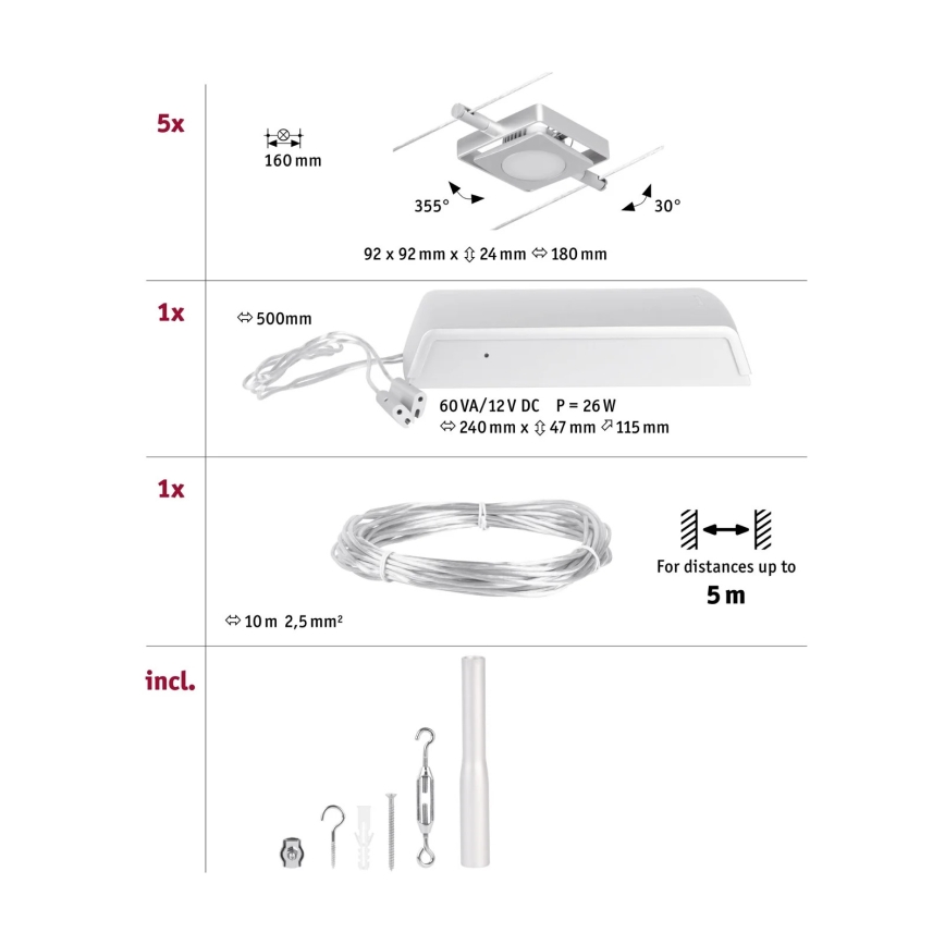 Paulmann 94420 - SETTI 5xLED/4,5W Kohdevalo kiskojärjestelmään MAC 230V mattakromi
