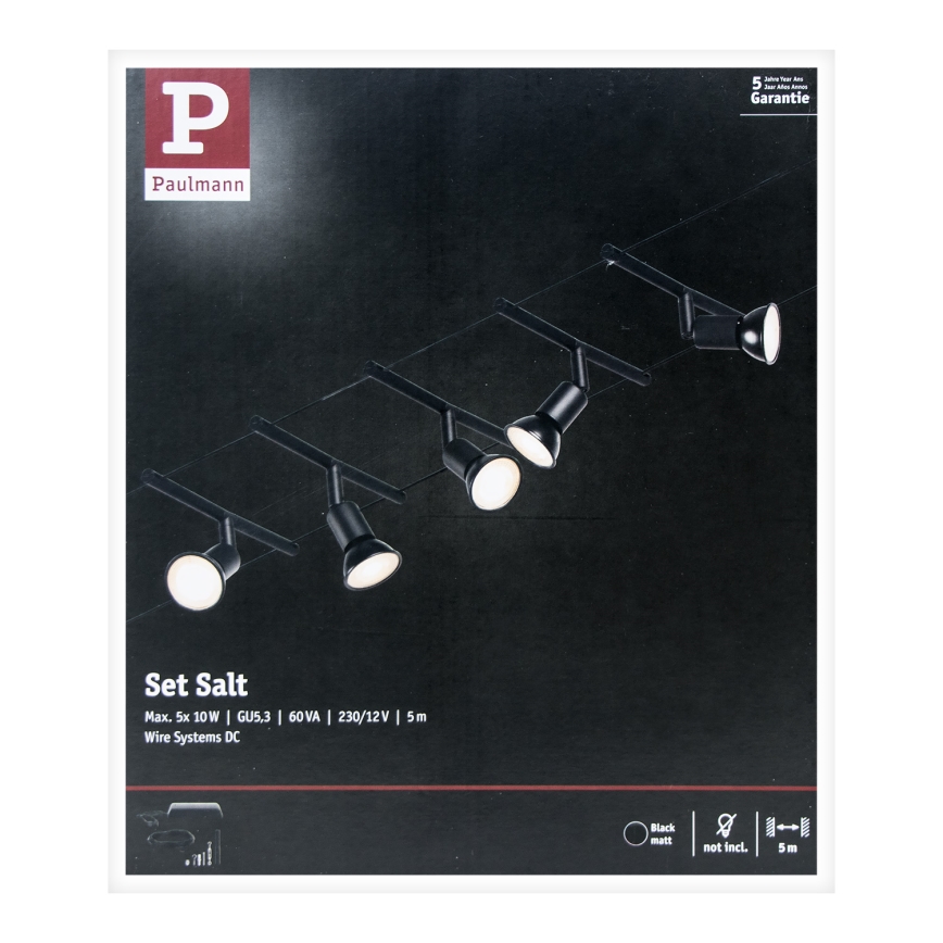 Paulmann 94446 - SETTI 5xGU5,3/10W Kohdevalo johtosysteemiin SALT 230V musta