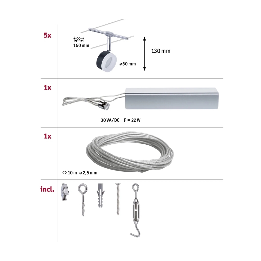 Paulmann 94457 - SARJA 5× LED/4 W kohdevalaisin CLEAR-lankajärjestelmään 230 V musta/kiiltävä kromi
