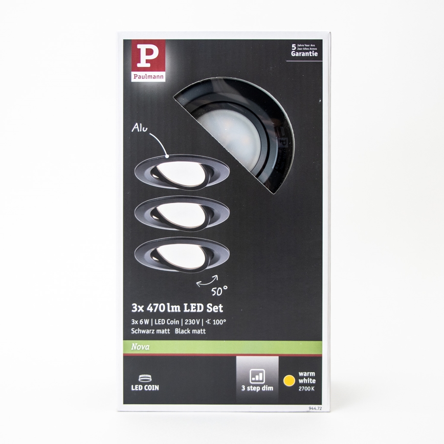 Paulmann 94472 - SET 3xLED/6W IP23 Himmennettävä upotettava kylpyhuonevalo NOVA 230V