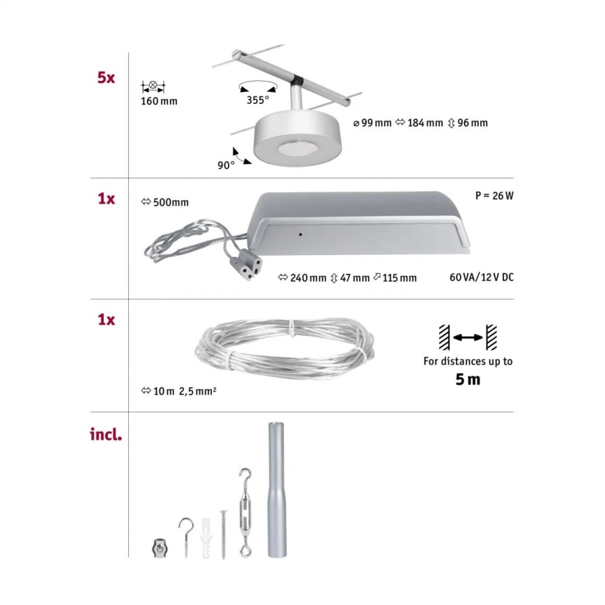 Paulmann 94475 - SARJA 5xLED/5W Kohdevalaisin lankajärjestelmään CIRCLE 230V mattakromi