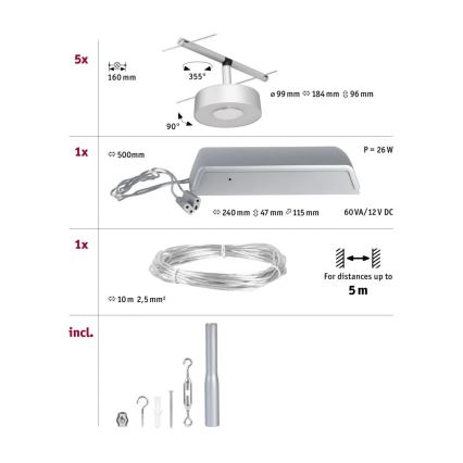 Paulmann 94475 - SETTI 5xLED/5W Kohdevalo kiskojärjestelmään CIRCLE 230V mattakromi