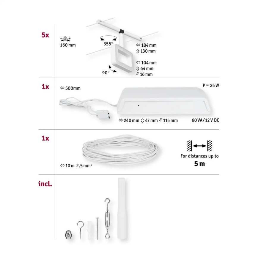 Paulmann 94483 - SETTI 5xLED/4,8W Kohdevalo kiskojärjestelmään FRAME 230V valkoinen