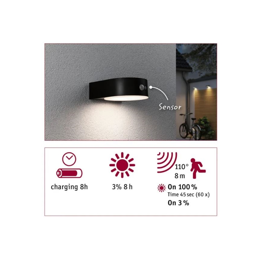 Paulmann 94570 - LED/5,5W IP44 Seinävalaisin anturilla EILEEN 3,7V 2000 mAh