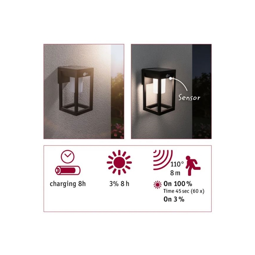 Paulmann 94572 -LED/5,5W IP44 Seinävalaisin anturilla MARISOL 3,7V 2000 mAh