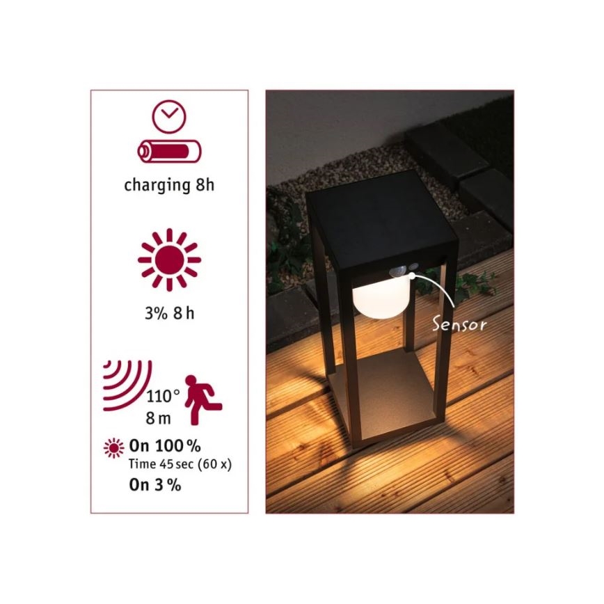 Paulmann 94573 - LED/5,5W IP44 Aurinkokäyttöinen lamppu liiketunnistimella MARISOL 3,7V 2000 mAh