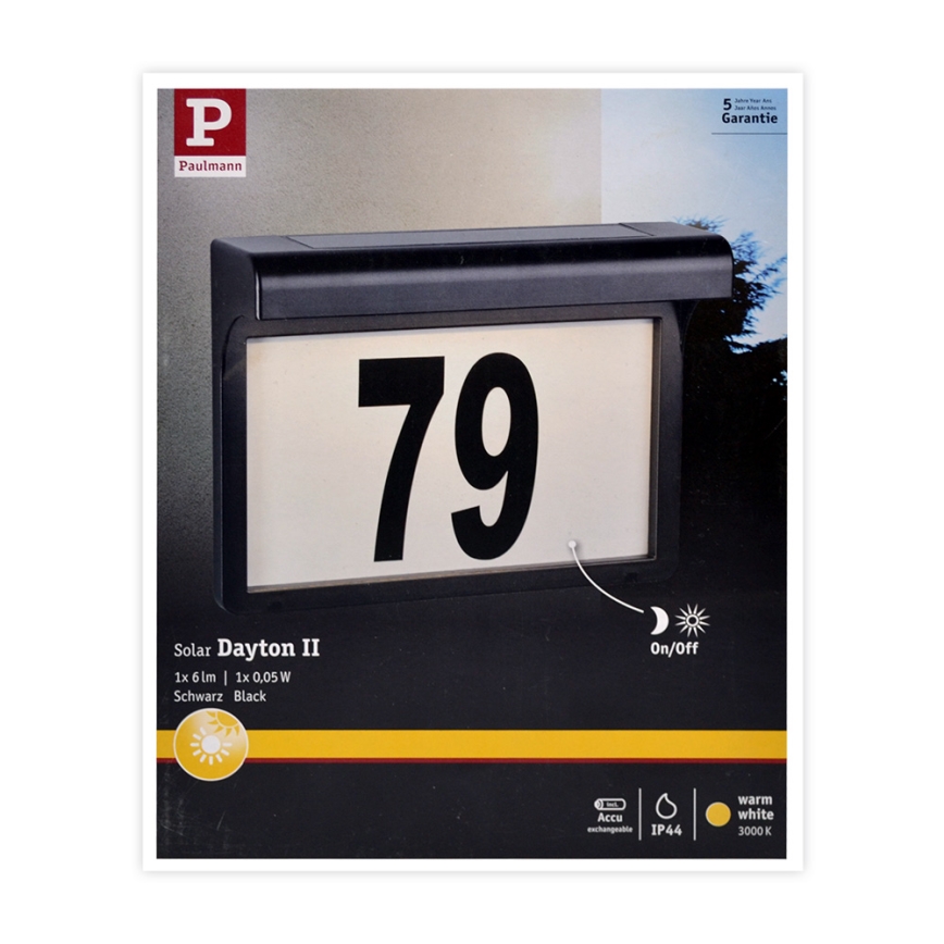 Paulmann 95388 - LED / 0,05W IP44 Aurinkokenno talonnumero anturilla DAYTON 4,8V