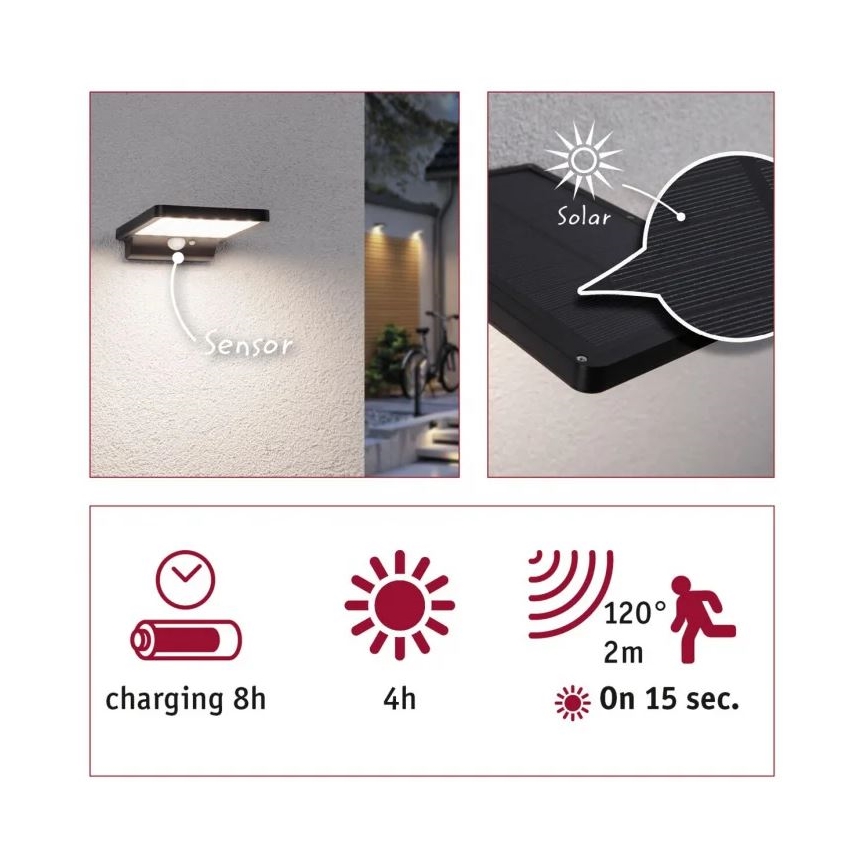 Paulmann 95393 - LED/4W IP44 Himmennettävä aurinkokenno seinävalaisin sensori SOLVEIG 3,7V