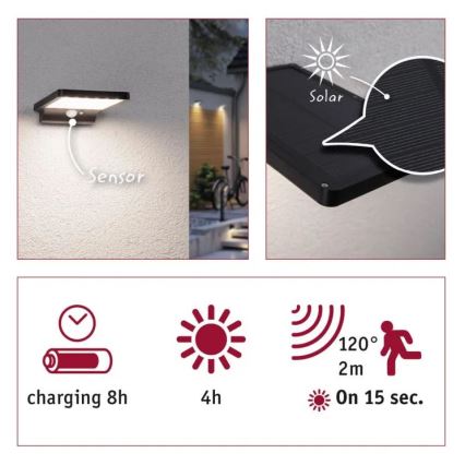 Paulmann 95393 - LED/4W IP44 himmennettävä aurinkokennoseinävalaisin anturilla SOLVEIG 3,7V 2000 mAh