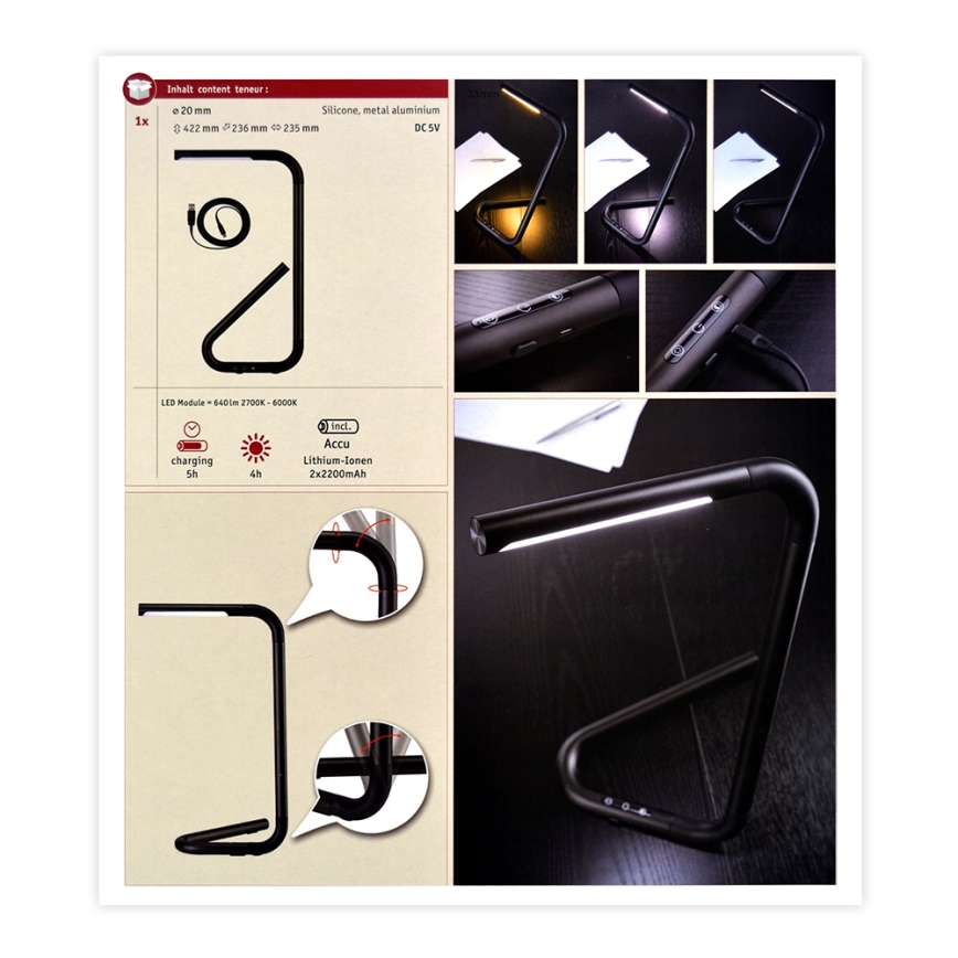Paulmann 95424 - LED / 4,5 W himmennettävä kosketuspöytävalaisin FLEXLINK 5V / USB 4400 mAh musta