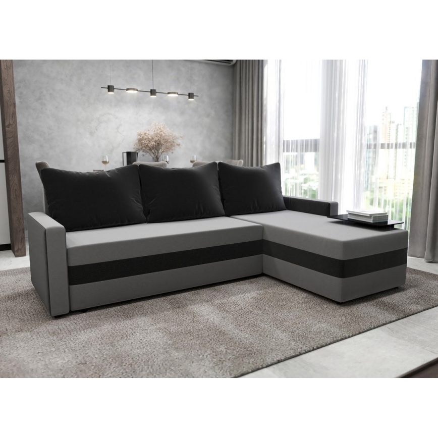 Pehmustettu monikäyttöinen L-muotoinen avattava kulmasohva BRISTOL, harmaa/musta