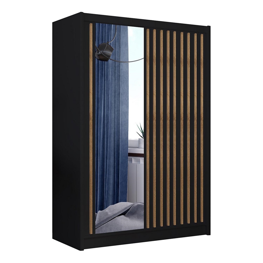 Peilillinen vaatekaappi SANTINO 150x215 cm musta/tammi craft