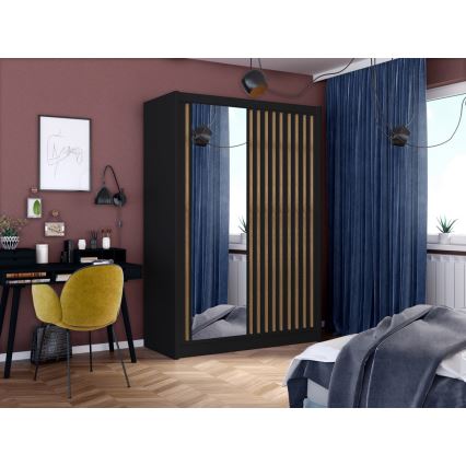 Peilillinen vaatekaappi SANTINO 150x215 cm musta/tammi craft