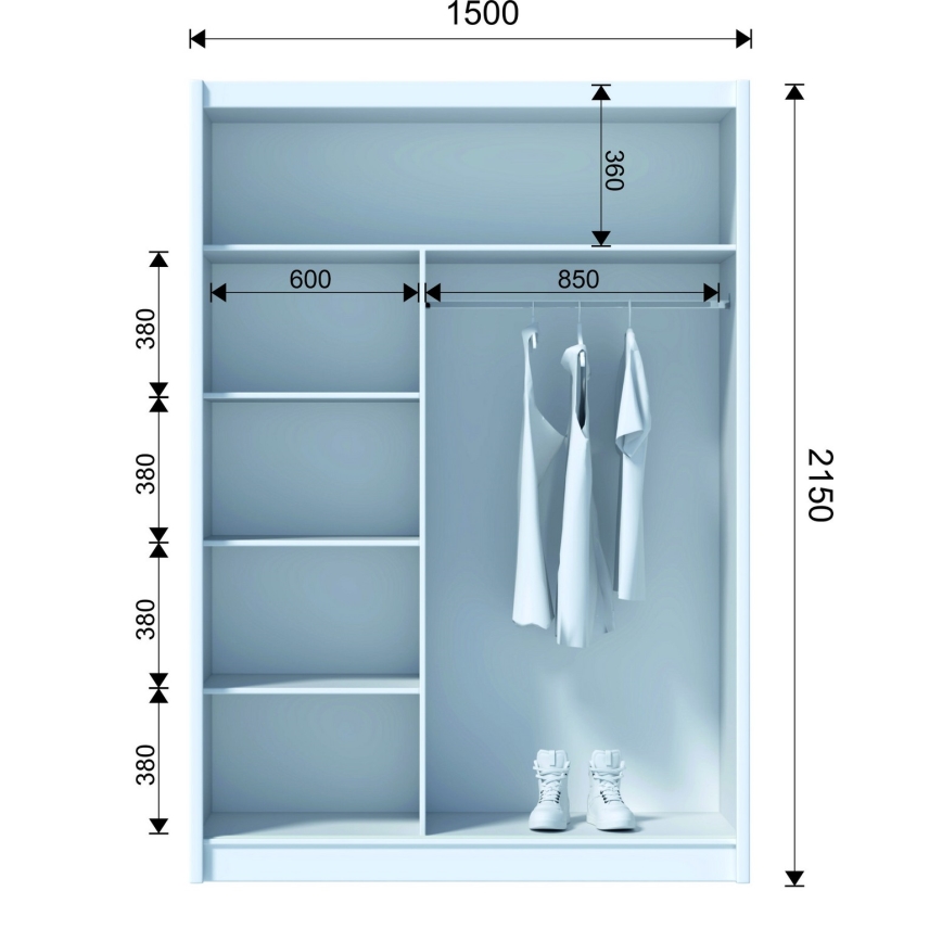 Peilillinen vaatekaappi SANTINO 150x215 cm musta/tammi craft