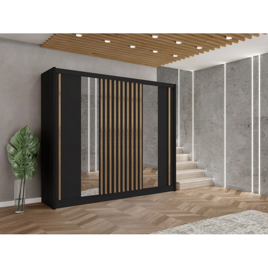 Peilillinen vaatekaappi SANTINO 250x215 cm musta/craft-tammi