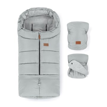 PETITE&MARS - SETTI 3-in-1 lasten vaunupussi JIBOT + JASIE-vaunukäsineet vaaleanharmaa