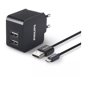 Philips DLP2307U/12 - Latausadapteri 2xUSB/15,5W/230V + kaapeli micro USB 1m