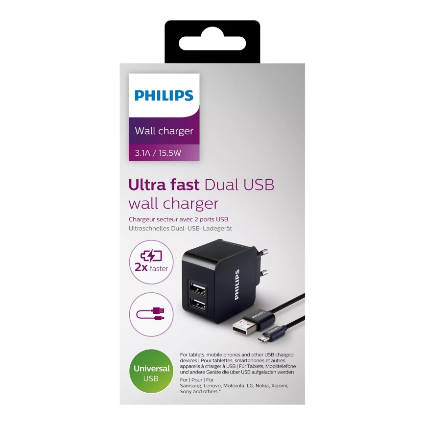 Philips DLP2307U/12 - Latausadapteri 2xUSB/15,5W/230V + kaapeli micro USB 1m