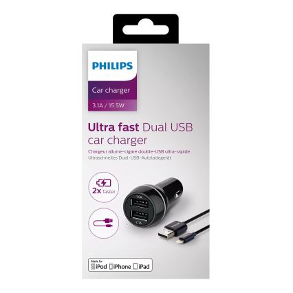 Philips DLP2357V/10 -Autolaturi 2xUSB/12V + kaapeli USB/lightning-liitin