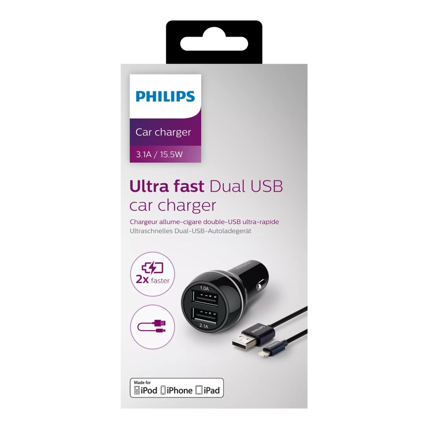 Philips DLP2357V/10 -Autolaturi 2xUSB/12V + kaapeli USB/lightning-liitin