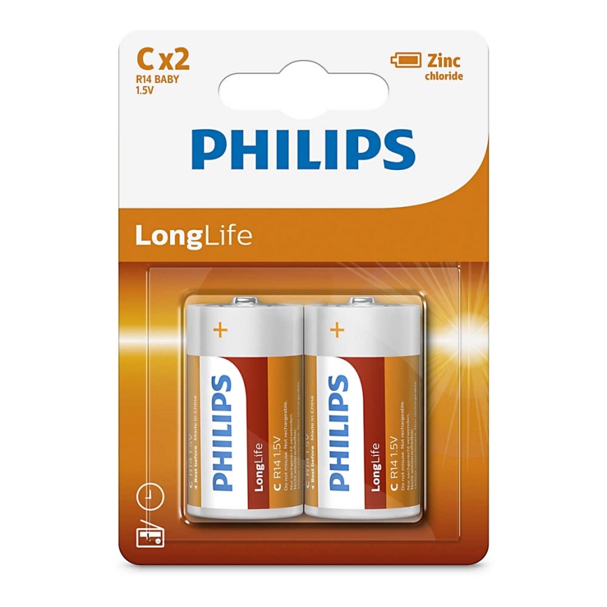 Philips R14L2B/10 - 2 kpl Sinkkikloridiakku C LONGLIFE 1,5V 2800mAh