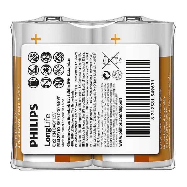 Philips R14L2F/10 - 2 kpl Sinkkikloridiakku C LONGLIFE 1,5V 2800mAh