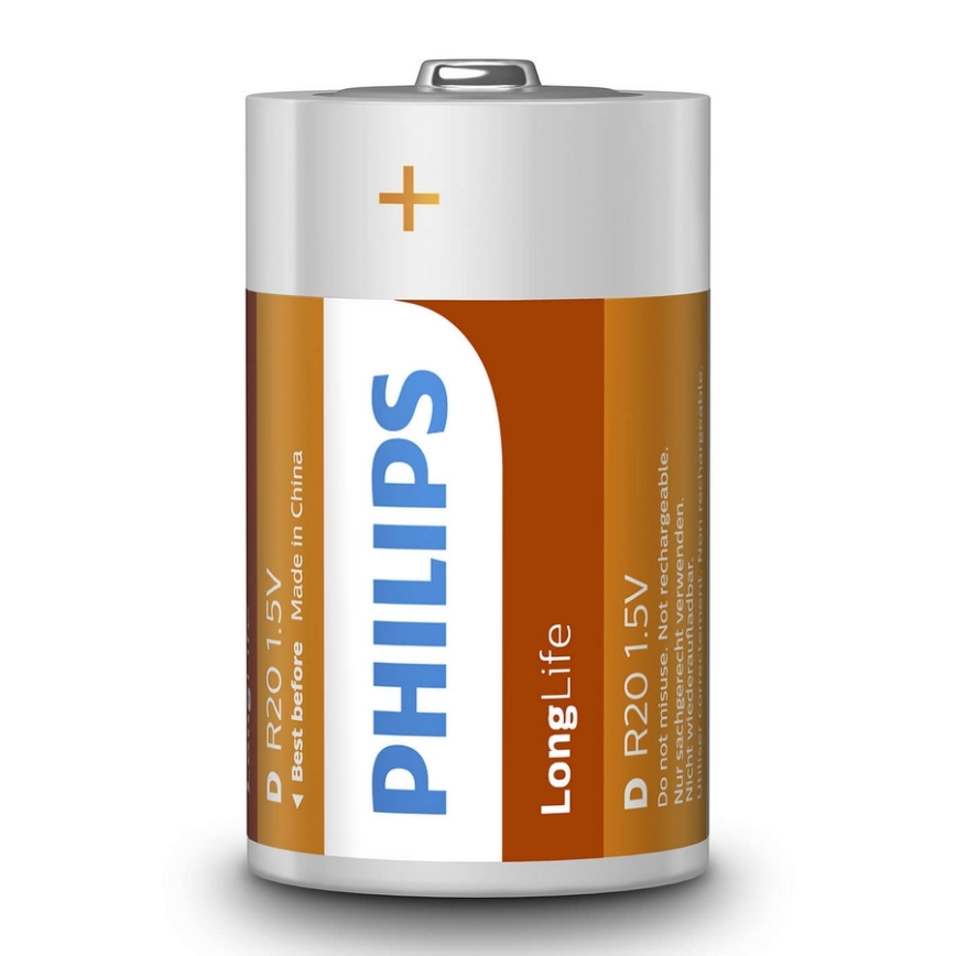 Philips R20L2B/10 - 2 kpl Sinkkikloridiakku D LONGLIFE 1,5V 5000mAh