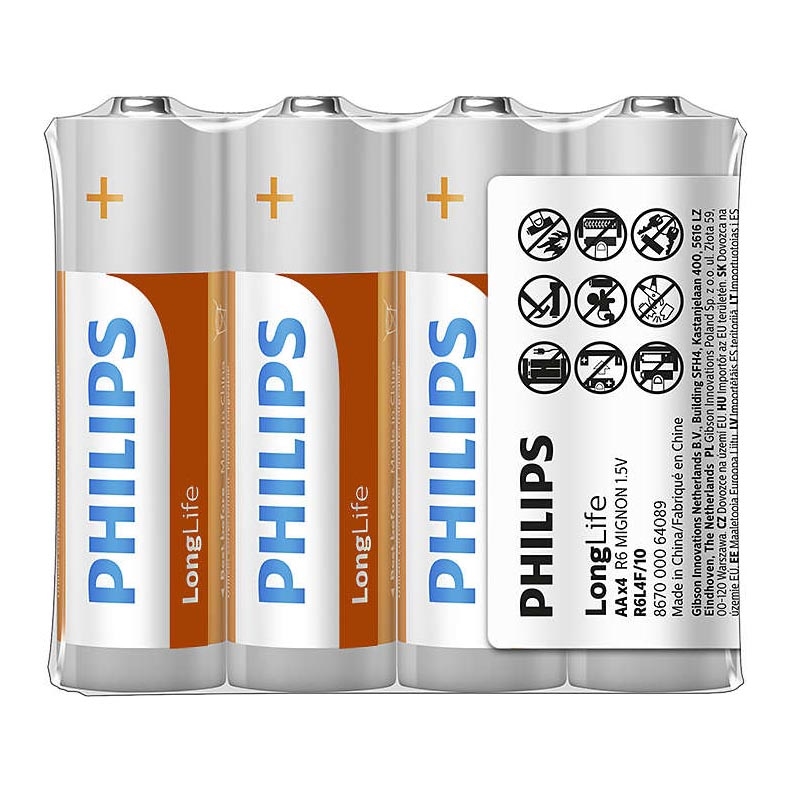 Philips R6L4F/10 - 4 kpl Sinkkikloridiakku AA LONGLIFE 1,5V 900mAh