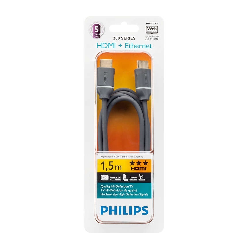 Philips SWV4432S/10 - HDMI-kaapeli Ethernetillä, HDMI 1,4 A -liitin 1,5 m harmaa