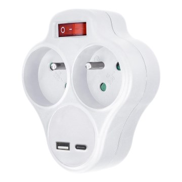 Pistokkeen jakaja kanssa USB A+C lataaja ja katkaisin 2x10A valkoinen