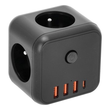 Pistokkeen jakaja kytkimellä LINEA 3x230V + 4xUSB A/C musta