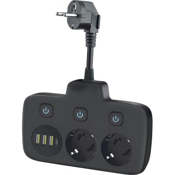 Pistorasianjakaja katkaisimella LINEA 2x230V + 4xUSB A/C SCHUKO musta