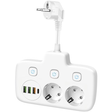 Pistorasianjakaja katkaisimella LINEA 2x230V + 4xUSB A/C SCHUKO valkoinen
