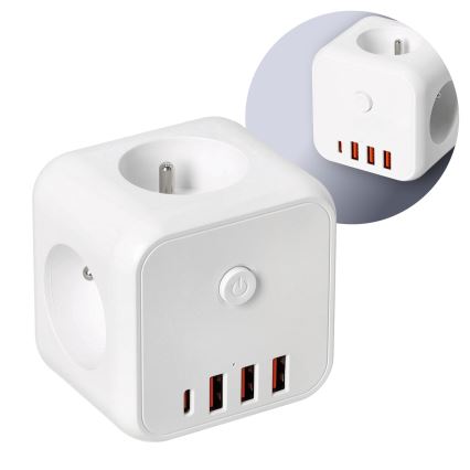 Pistorasianjakaja katkaisimella LINEA 3x230V + 4xUSB A/C valkoinen