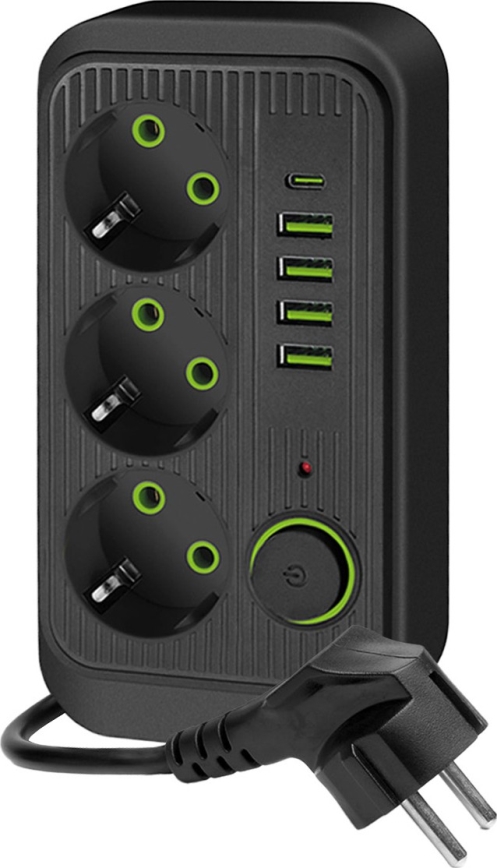 Pistorasianjakaja katkaisimella LINEA 3x230V + 5xUSB A/C 1,5 m SCHUKO musta