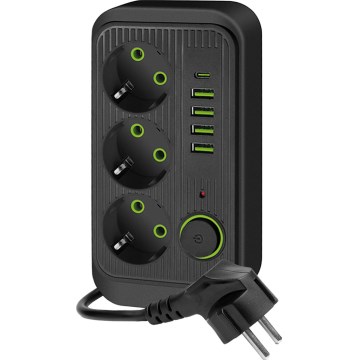 Pistorasianjakaja katkaisimella LINEA 3x230V + 5xUSB A/C SCHUKO 3 m musta