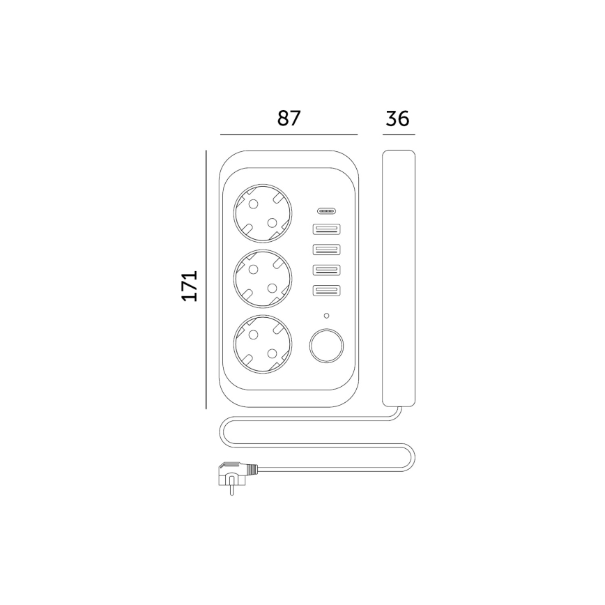 Pistorasianjakaja katkaisimella LINEA 3x230V + 5xUSB A/C SCHUKO 3 m valkoinen